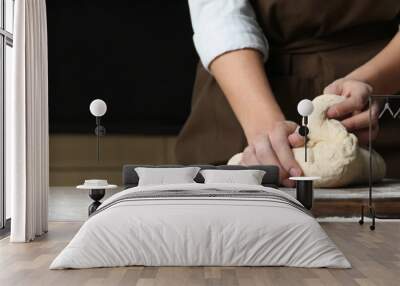 Baker kneading dough at table, closeup with space for text. Banner design Wall mural