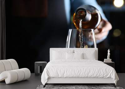 bartender pouring white wine from bottle into glass indoors, closeup. space for text Wall mural