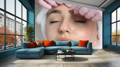 Beautician plucking young woman's eyebrow in beauty salon, closeup Wall mural