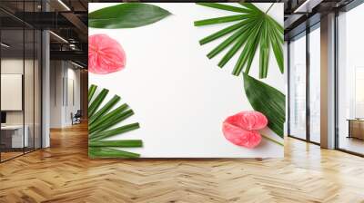 Beautiful anthurium flowers and tropical leaves on white background Wall mural