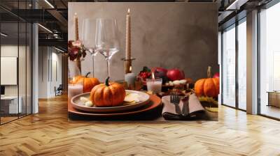 Beautiful autumn place setting and decor on wooden table, space for text Wall mural