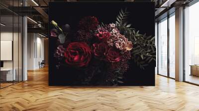 Beautiful bouquet of different flowers on black background. Floral card design with dark vintage effect Wall mural