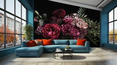 Beautiful bouquet of different flowers on black background. Floral card design with dark vintage effect Wall mural