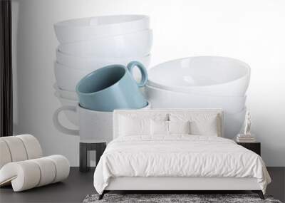 Beautiful ceramic bowls and cups isolated on white Wall mural