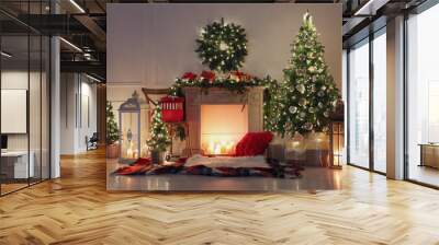 Beautiful Christmas themed photo zone with fireplace and fir decor Wall mural