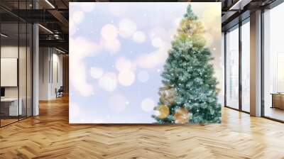 Beautiful Christmas tree on light background, space for text. Bokeh effect Wall mural