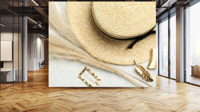 Beautiful different hair clips and hat on white table, flat lay Wall mural