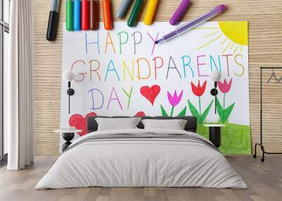 Beautiful drawing on wooden table, flat lay. Happy Grandparents Day Wall mural