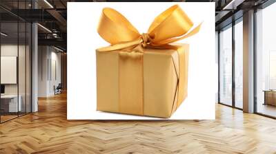 Beautiful gift box with golden ribbon and bow on white background Wall mural