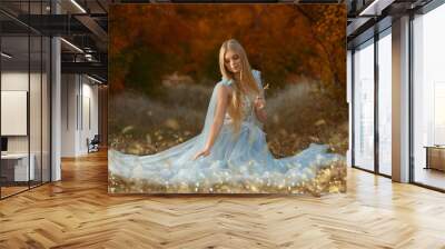 Beautiful girl wearing fairy dress in autumn forest Wall mural