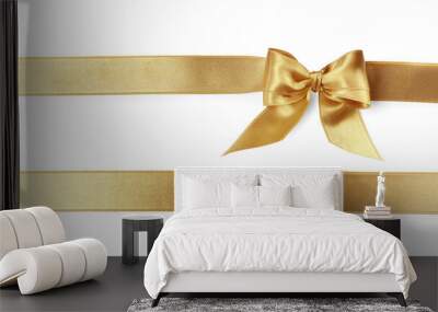 beautiful golden ribbons with bow on white background, top view Wall mural