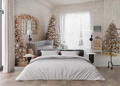 Beautiful interior of living room with decorated Christmas trees Wall mural