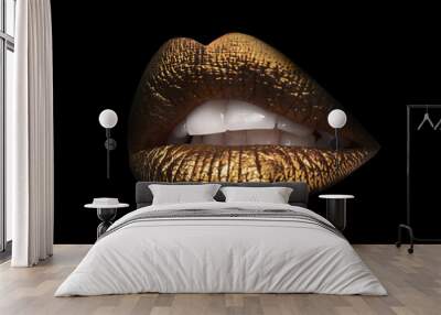 Beautiful lips with shiny golden lipstick on black background Wall mural