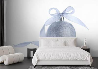 Beautiful silver Christmas ball with ribbon isolated on white Wall mural