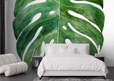 Beautiful watercolor tropical leaf painted on white paper, top view Wall mural