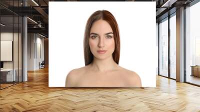 Beautiful woman before and after hair coloring on white background Wall mural