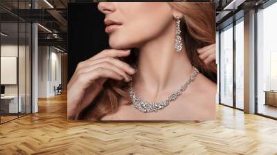 Beautiful young woman with elegant jewelry on dark background, closeup Wall mural