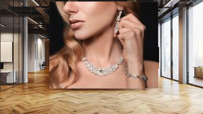 Beautiful young woman with elegant jewelry on dark background, closeup Wall mural