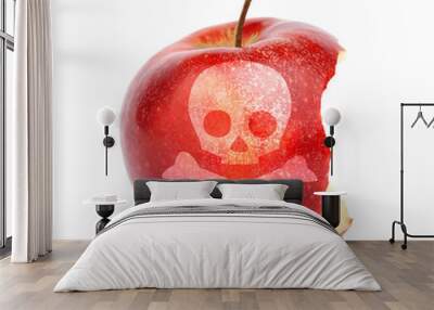 Bitten poison apple with skull and crossbones image on white background Wall mural