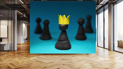 Black plasticine chess pieces and one with paper crown on light blue background Wall mural