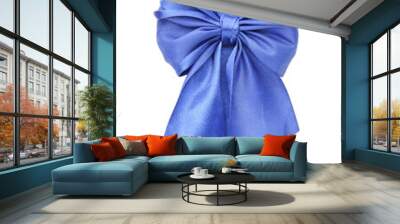 Blue ribbon with bow on white background, top view Wall mural