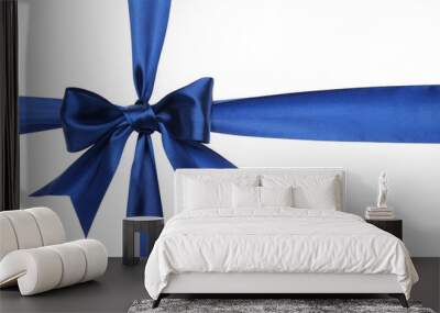 Blue ribbon with bow on white background. Decoration for gift box Wall mural