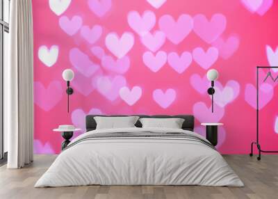 Blurred view of beautiful heart shaped lights on color background Wall mural