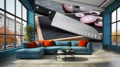 Board with sharp knife and cut onion on grey background Wall mural