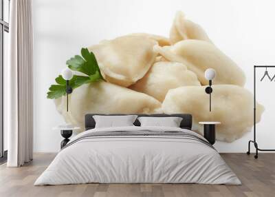 Boiled dumplings with tasty filling on white background Wall mural