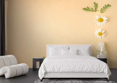 Bottle of essential oil and chamomile flowers on color background, flat lay. Space for text Wall mural