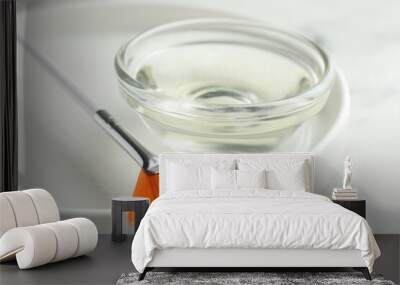 Bowl of chemical peel and brush on white table, closeup. Peeling procedure Wall mural