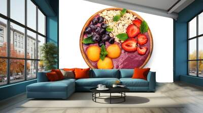 Bowl with tasty acai smoothie on white background, top view Wall mural