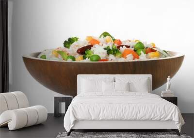 Bowl with tasty rice and vegetables on white background Wall mural