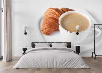 Breakfast time. Fresh croissant and coffee on white background. Space for text Wall mural