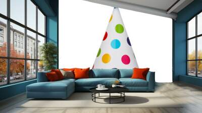 Bright party hat with fluffy pompon isolated on white. Festive accessory Wall mural