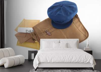 Brown postman's bag with hat, envelopes and newspaper on white background, top view Wall mural