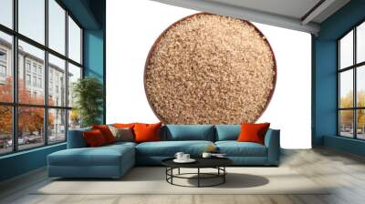 Brown salt in wooden bowl isolated on white, top view Wall mural