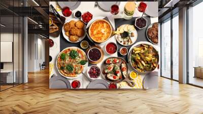 Brunch table setting with different delicious food, flat lay Wall mural