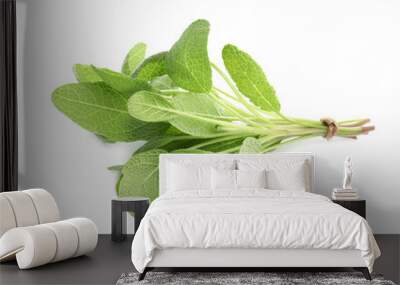 Bunch of aromatic fresh sage leaves on white background Wall mural