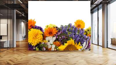 Bunch of beautiful wild flowers on white background Wall mural