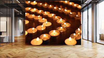 Burning candles on wooden table in darkness Wall mural