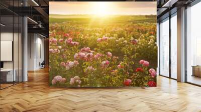 Bushes with beautiful roses outdoors on sunny day Wall mural