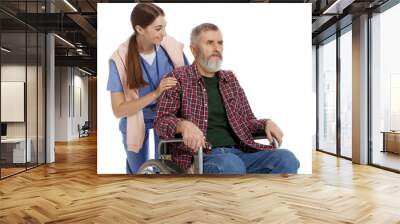 Caregiver assisting senior man in wheelchair on white background. Home health care service Wall mural