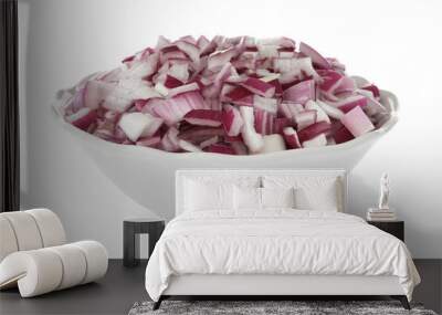 Chopped red onion in ceramic bowl isolated on white Wall mural