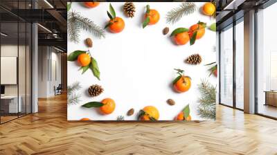 Christmas composition with ripe tangerines and space for text on white background, flat lay Wall mural