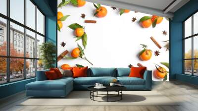 Christmas composition with ripe tangerines and space for text on white background, flat lay Wall mural