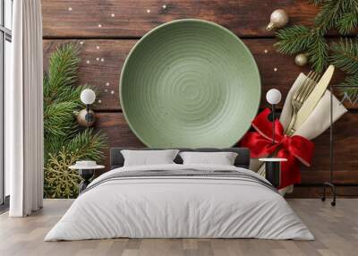 Christmas setting and festive decor on wooden table, flat lay Wall mural