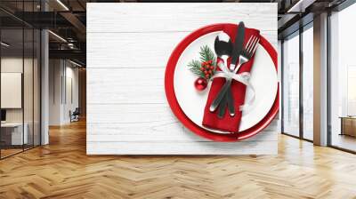 Christmas table setting on white wooden background, top view. Space for text Wall mural