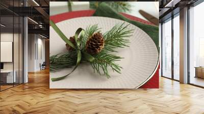 Christmas table setting with festive decor, closeup Wall mural