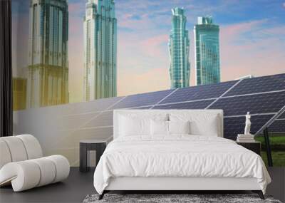 Cityscape and solar panels installed outdoors. Alternative energy source Wall mural